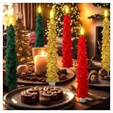 Funtery 6 Pcs LED Christmas Tree Flameless Taper Candles Real Wax Battery Operated Candlestick Lights with 3D Flame and Remote Timer Window Fireplace(Red Green Gold,Christmas Tree)