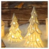 AOMOONOA Ceramic White Christmas Trees with Lights, 2Pcs Light Up Tabletop Porcelain Christmas Tree, Glossy Hollow-Carved Small Xmas Tree Figurines for Modern Home Decoration, DIY Winter Village