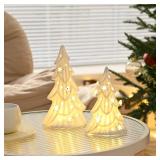 AOMOONOA Ceramic White Christmas Trees with Lights, 2Pcs Light Up Tabletop Porcelain Christmas Tree, Glossy Hollow-Carved Small Xmas Tree Figurines for Modern Home Decoration, DIY Winter Village
