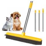 Rubber Broom for Pet Hair Removal, Carpet rake with Squeegee for Cleaning Pet Hair, 52 inch Long Handle Rubber Broom,Dual-Sided for Small Fluff Carpet, Hardwood Floor, Tile,Orange