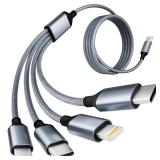 USB C Multi Charging Cable [1Pack 5FT], 4 in 1 Charging Cable Nylon Braided USB-C Multiple Charger Cord with Micro USB,IP Port and 2 Type C Adapter Port for iPhone 17/16 Series/Cell Phones and More