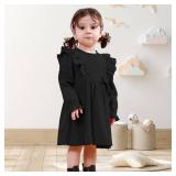 Dalukit Toddler Baby Girls Dress Long Sleeve Ruffle Dress for Baby Girls Casual Solid Corduroy Little Kids Winter Clothes Black