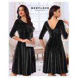 BeryLove Glitter Dress for Women Sequin Formal Party Dress 3/4 Sleeve Fancy Cocktail Sparkly Midi Prom Dresses 0027 Black S