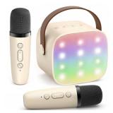 YLL Mini Karaoke Machine with 2 Wireless Microphones for Kids Adults, Portable Bluetooth Speaker Gift for Girls Toys 4, 5, 6, 7, 8, 10, 12+ Years Old Teens Birthday(Beige)