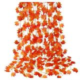 CQURE 12 Pack Fall Leaf Garland, Hanging Vines Garland Artificial Fall Maple Leaves Thanksgiving Decor for Home Wedding Fireplace Party