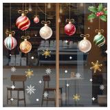 Winter Snows Window Decal Cling Hanging Xmas Balls Holly Window Stickers Red Green White Gold Christmas Decorative Glass Decals for Home Office Shop Holiday Decor Supplies