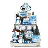 Ziliny 19 Pcs Winter Christmas Tiered Tray Decorations Set Snowman Snowflake Tiered Decor Winter Wooden Signs Farmhouse Table Centerpiece with Rope Holders for Xmas Party Favor Supplies