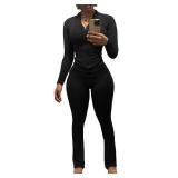 Nimsruc Two Piece Outfits For Women Workout Set Long Sleeve Tracksuit Zip Up Sweatsuits Bodcyon Matching Sweat Pants Sets Black L