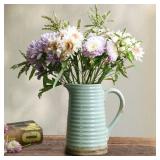 Quoowiit Ceramic Rustic Vase with Handle, Green Distressed Decorative Farmhouse Pitcher Vase for Home Decor Living Room Bedroom Kitchen Office Shelf Decor Centerpiece Table Decoration