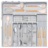 Silverware Drawer Organizer for Kitchen, Adjustable Utensil Drawer Organizer with 2 Knife Block, BPA Free Flatware and Cutlery Holder, Expandable Plastic Storage for Spoons Forks Knives(Grey)