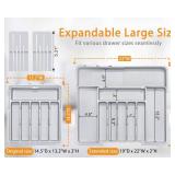 Silverware Drawer Organizer for Kitchen, Adjustable Utensil Drawer Organizer with 2 Knife Block, BPA Free Flatware and Cutlery Holder, Expandable Plastic Storage for Spoons Forks Knives(Grey)