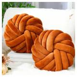 Fumete 2 Pcs 14 Inches Knot Pillow Round Throw Soft Plush Knot Ball Pillow Handmade Knotted Modern Home Decorative Cushion for Bed Bedroom, Sofa, Couch (Caramel Color)