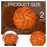 Fumete 2 Pcs 14 Inches Knot Pillow Round Throw Soft Plush Knot Ball Pillow Handmade Knotted Modern Home Decorative Cushion for Bed Bedroom, Sofa, Couch (Caramel Color)