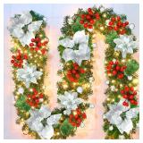 Pre-lit Artificial Christmas Garland, Green Rattan with Silver Flower Decorations and Battery Operated LED Lights for Home Stairs Fireplace Front Porch Door Display Indoor Outdoor Christmas Decor -9FT