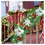 Pre-lit Artificial Christmas Garland, Green Rattan with Silver Flower Decorations and Battery Operated LED Lights for Home Stairs Fireplace Front Porch Door Display Indoor Outdoor Christmas Decor -9FT