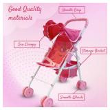 My First Baby Doll Stroller for Toddlers 3 Year Old Girls, Little Kids | Folding Baby Stroller for Dolls, Toy Stroller for Baby Dolls with Bottom Storage Basket, Foldable Frame, Canopy, Seatbelt