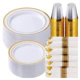 Goodluck 350 Piece Gold Plastic Dinnerware Set for 25 Guests, Fancy Disposable Plates for Party, Include:, 25 Pre Rolled Napkins with Silverware, 25 Cups