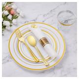 Goodluck 350 Piece Gold Plastic Dinnerware Set for 25 Guests, Fancy Disposable Plates for Party, Include:, 25 Pre Rolled Napkins with Silverware, 25 Cups