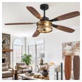 Fanbulous Farmhouse Ceiling Fan with Light and Remote, 52\" Black Rustic Flush Mount Ceiling Fans for Bedroom Living Room, Industrial Caged Ceiling Fan for 6 Speed Reversible Motor, 5 Dual Blades glas