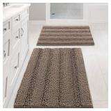 H.VERSAILTEX Bathroom Rugs Sets 2 Piece Non Slip Thick Shaggy Chenille Bathroom Rug Mat Set Extra Soft and Absorbent Striped Floor Rugs, Machine-Washable, Taupe Brown