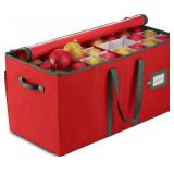 ZOBER Large Christmas Ornament Storage Box - Stores 128 3\" Ornaments, With Dividers - Ornament Organizer Storage Box, Durable Christmas Containers Holder - Extra Pockets, Dual Zipper - Red