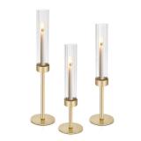 Gold Hurricane Glass Candle Holders: Cadhodenm Tall Glass Candlestick Holder for Wedding Set of 3 Brass Taper Candle Holders Modern Candle Sticks Holder for Table Centerpiece Party Christmas Home