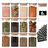 6oz Glass Spice Jars with Bamboo Lid and Label, 12 Pack Square Glass Container, Small Food Storage Containers for Kitchen, Clear Empty Seasoning Jar for Sugar, Salt, Coffee Bean, Herb, Borosilicate