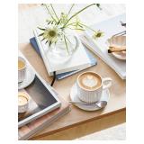 LE TAUCI Stackable Cappuccino Cups with Saucers and Stand, Set of 4, 6 oz Ceramic Coffee Cup Set for Espresso Au Lait, Flat White, Tea, Americano, Dishwasher & Microwave Safe, Embossed, White