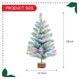 2FT Artificial Christmas Tree with Lights Green Tabletop Christmas Tree with Wooden Stand Lighted Battery Operated Snow Flocked Mini Xmas Pine Tree for Indoor Outdoor Holiday Home Decoration