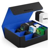 Mlikero Card Deck Case, 1800+ Trading Card Storage Box with 10 Dividers and 3 Foam Stoppers, Leather Magnetic Closure Commander Deck Box Fit for YuGiOh, MTG and Sport Cards(Black&Blue)