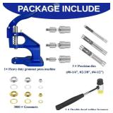 Heavy Duty Hand Press Grommet Tool Kit with 3 Dies & Multi-Size Grommets (1/4, 3/8, 1/2 Inch), Self-Piercing Labor Saving Design for Fabric, Tarps, Leather, Canvas, Curtains
