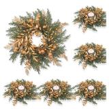 Cindeer 6 Pcs Small Christmas Candle Rings Wreaths 8.4 Inch Christmas Kitchen Cabinet Gold Wreaths Artificial Berry Garland Pillar Candle Rings for Centerpiece Table Decorations