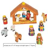 Fun Express Mini Christmas Nativity Set Stable with Jesus Mary Joseph Wisemen - 9 Pieces Red, Blue, Green, Beige, Brown