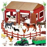 Mini Toy Barn Farm Toys Playset, 66PCS Plastic Farm Animals Figurines and Fence Farm Playset, Farm Figures Farmer Vehicle Toy Truck with Trailer for 3-12 Years Old, Christmas Birthday Gifts for Kids i