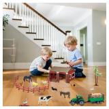 Mini Toy Barn Farm Toys Playset, 66PCS Plastic Farm Animals Figurines and Fence Farm Playset, Farm Figures Farmer Vehicle Toy Truck with Trailer for 3-12 Years Old, Christmas Birthday Gifts for Kids i