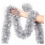 50 Feet Silver White Christmas Tinsel Garland Christmas Decorations, Thick Metallic Twist Shiny Hanging Tinsel Garlands for Xmas Tree Decor Stairs Mantle Fireplace Home Indoor Holiday Party Supplies