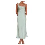 2025 Satin One Shoulder Maxi Dress for Women Summer Silk Formal Elegant Backless Ruffle Sleeveless Wedding Guest Dresses Sage small