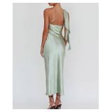 2025 Satin One Shoulder Maxi Dress for Women Summer Silk Formal Elegant Backless Ruffle Sleeveless Wedding Guest Dresses Sage small