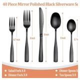 40 Pcs Black Silverware Set, Stainless Steel Flatware Set for 8, Food-Grade Cutlery Set, Mirror Polished Tableware Eating Utensils Set for Home Kitchen, Include Knife Fork Spoon Set, Dishwasher Safe