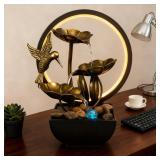 AOZITA Tabletop Fountain, Indoor Waterfall Fountain, Small Home DÃ©cor Zen Relaxation Soothing Sound Machine for Office, Living Room, or Bedroom, Bronze Metal Lotus with HBird, River Rocks, Round LE