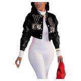 THLAI Women Varsity Jacket Button Down Cropped Faux Leather Jacket Letter Embroidery Jacket Short Baseball Outwear medium