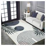 RoomTalks Mid Century Modern Living Room Rug Washable 5x7 Rug, Black Boho Cute Aesthetic Area Rugs Carpet for Bedroom Dining Room Office, Vintage Abstract Leaves Thin Indoor Entryway Carpet