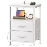 Huuger Nightstand with Charging Station, Side Table with 2 Fabric Drawers, End Table with Open Shelf, Bedside Table with USB-C Port and Outlets, Night Stand, PU Leather, White