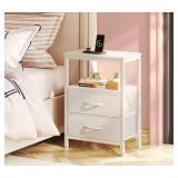 Huuger Nightstand with Charging Station, Side Table with 2 Fabric Drawers, End Table with Open Shelf, Bedside Table with USB-C Port and Outlets, Night Stand, PU Leather, White