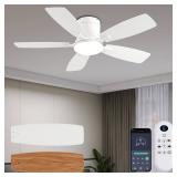 Ayaoty Ceiling Fans with Lights, 42 inch Low Profile Ceiling Fan with Light and Remote Control, Flush Mount, Reversible Motor, Dimmable, Noiseless, White Ceiling Fan for Bedroom, Indoor/Outdoor Use
