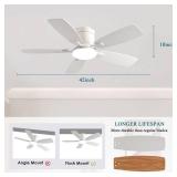 Ayaoty Ceiling Fans with Lights, 42 inch Low Profile Ceiling Fan with Light and Remote Control, Flush Mount, Reversible Motor, Dimmable, Noiseless, White Ceiling Fan for Bedroom, Indoor/Outdoor Use