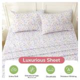 MUXHOMO Queen Size 4 Piece Sheet Set, Soft & Breathable Sheet for Bedroom with Deep Pocket Up to 16\", Wrinkle-Free & Cooling Bed Sheet with Flat Sheet, Fitted Sheet & Pillowcases - Flower Scroll