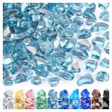 GasSaf 1/2 Inch Fire Glass Reflective Tempered Fireglass Cut Crushed FireGlass for Fire Pit, Fireplace, Replaces Existing Gas Logs & Lava Rocks (10 Pound)(Caribbean Blue Reflective).