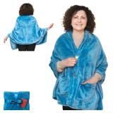 Fleece Poncho Blanket -Drape and Go No Sleeves- Lightweight Wrap Shawl - Wearable Blanket - Gift for Grandma and Mom (Royal Sky)