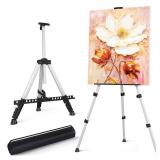 Art Easel Stand for Painting or Sign, Portable Adjustable 66 inches Display Tripod Artist Floor Aluminum Metal Easel with 1 Bag for Table-top/Floor Drawing, Sturdy for Canvases Displaying - Silver